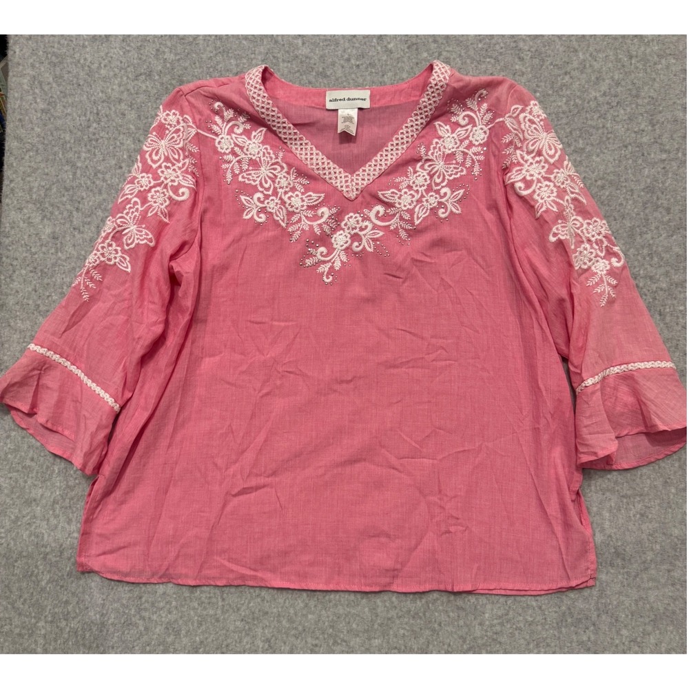 Alfred Dunner Womens Pink Embroidered Floral V-Neck Blouse Studded 3/4 Sleeve‎ L